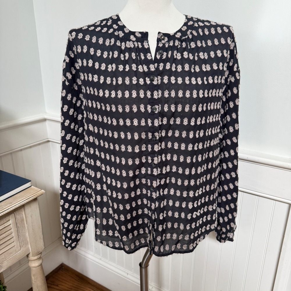 Pilcro Anthropologie Black Cotton Clip Dot Button Down Blouse Small Geometric